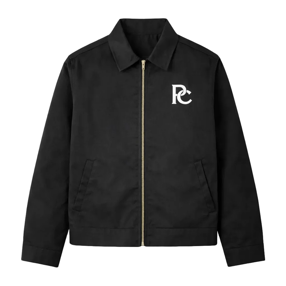 Black jacket with a logo on a white background
