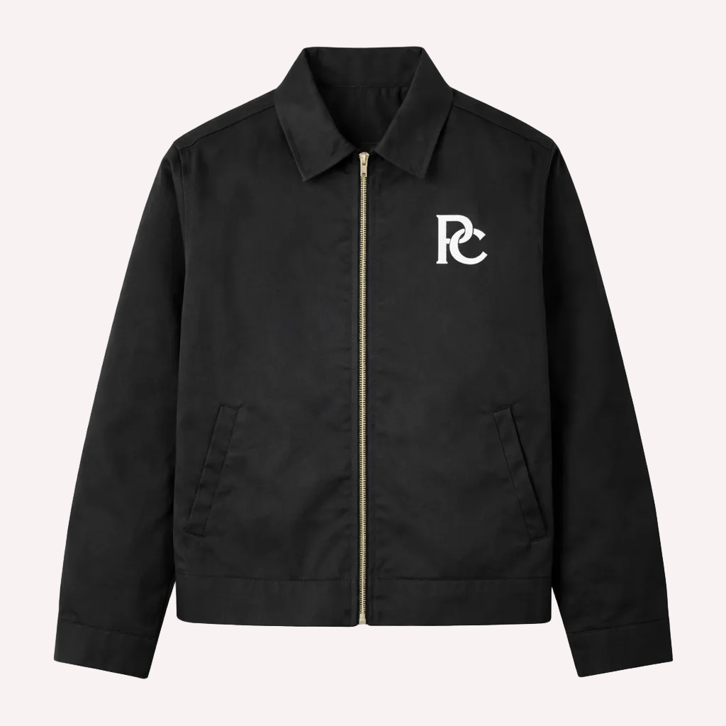 Black jacket with a logo on a white background