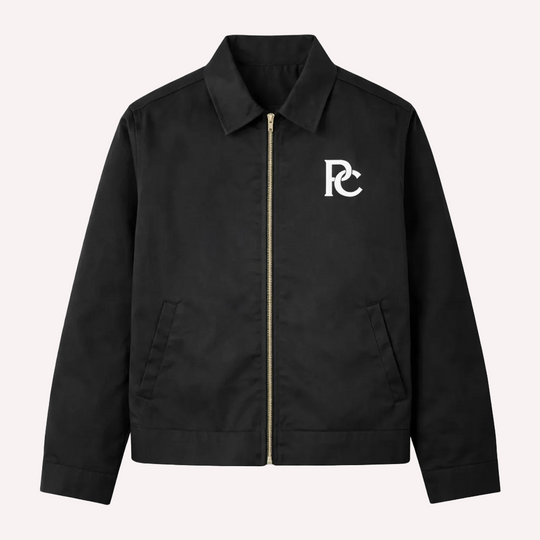 Black jacket with a logo on a white background