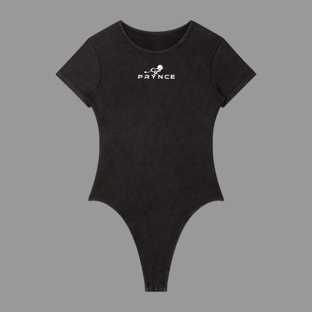 A black short-sleeve bodysuit with a white 'PRYNCE' logo printed on the chest, displayed flat against a solid white background.