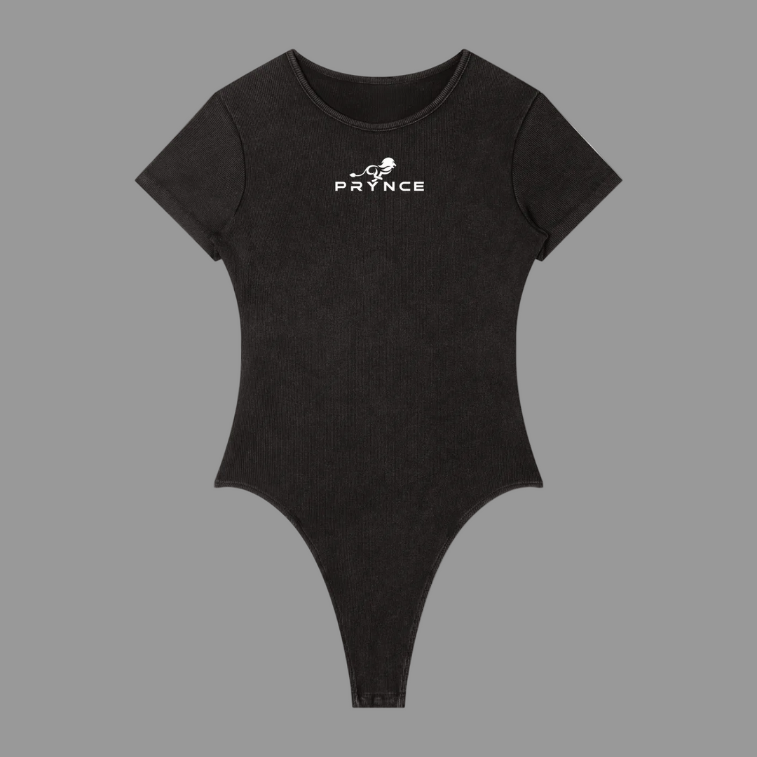 A black short-sleeve bodysuit with a white &