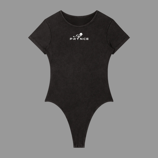 A black short-sleeve bodysuit with a white &