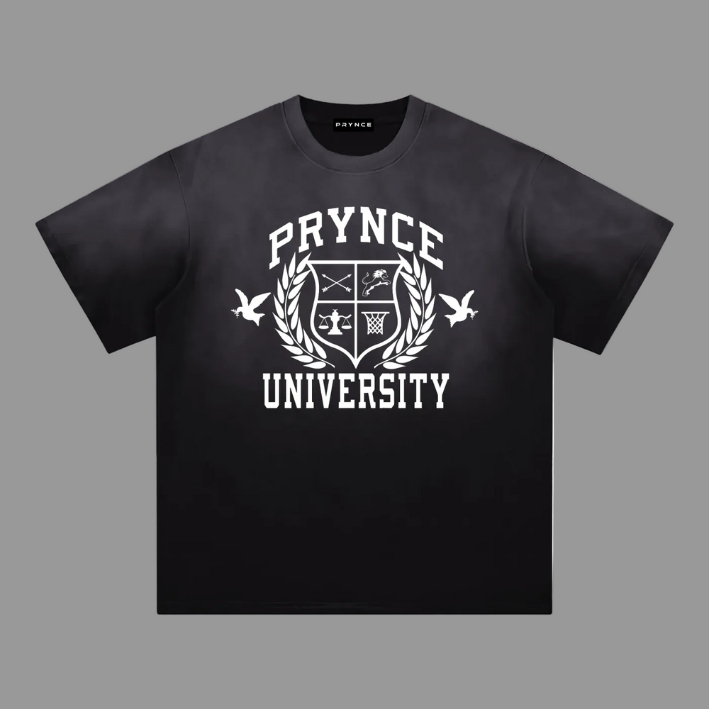 A black short-sleeve t-shirt with a white graphic print on the front reading 'PRYNCE UNIVERSITY' around a crest design, shown on a plain white background.
