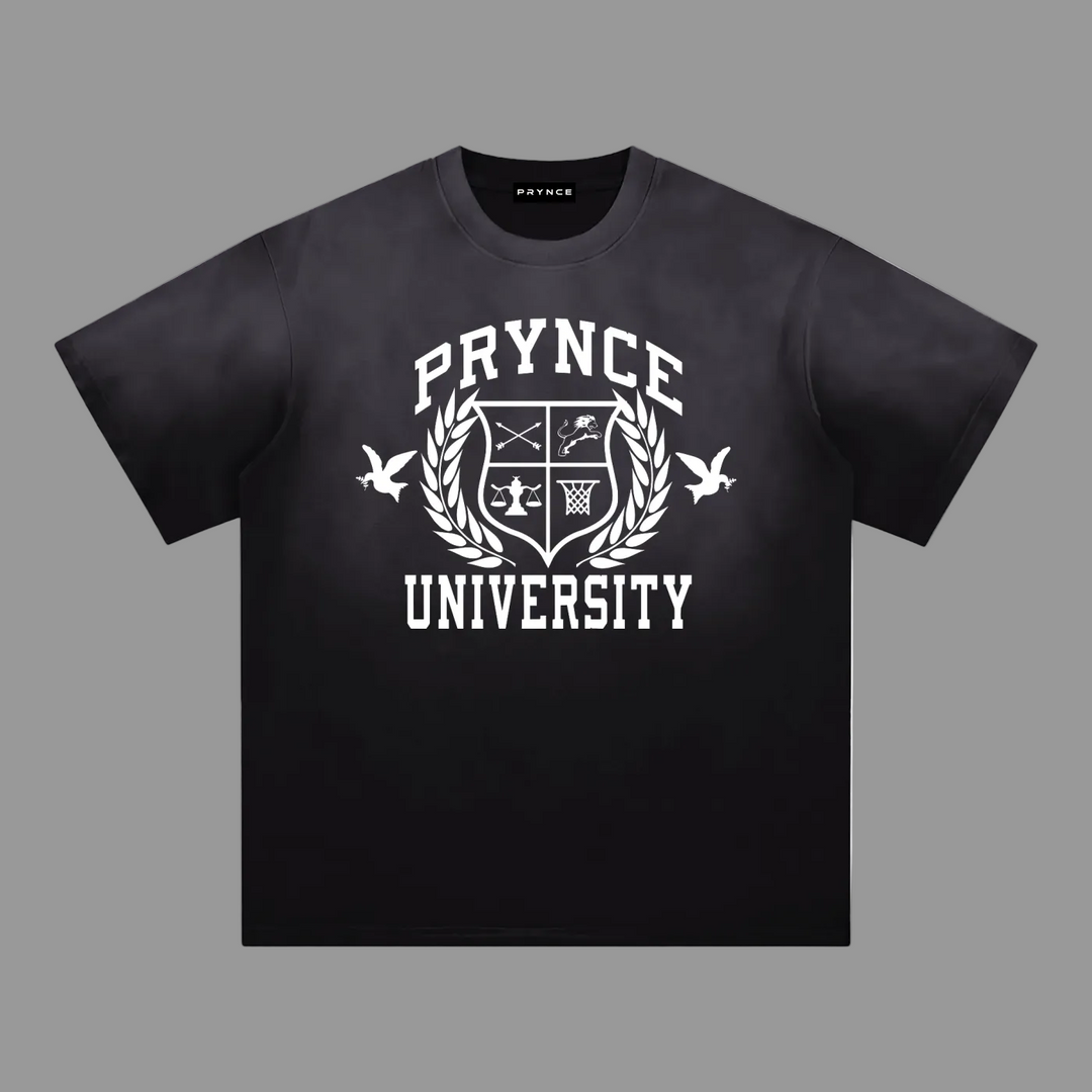 A black short-sleeve t-shirt with a white graphic print on the front reading &