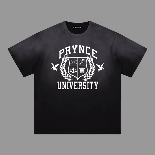 A black short-sleeve t-shirt with a white graphic print on the front reading &