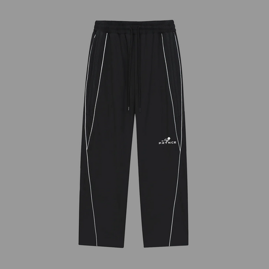 Black athletic pants with white side piping and a white printed logo on the left leg, shown against a plain white background.