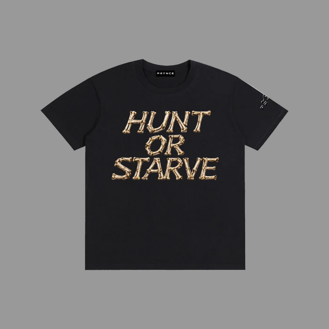 Black t-shirt with a grey logo on a grey background