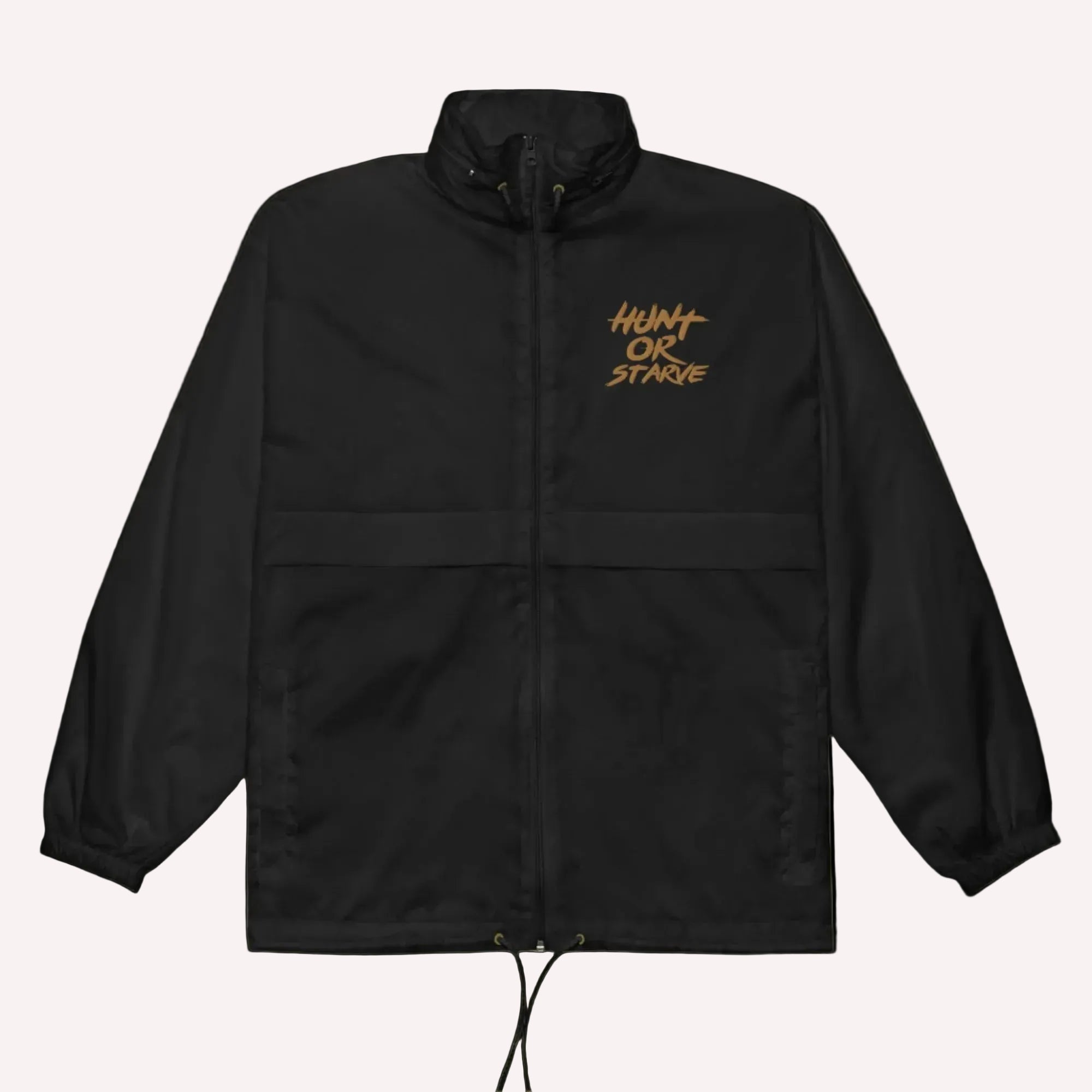 Black jacket with 'Hunt or Starve' text on a white background
