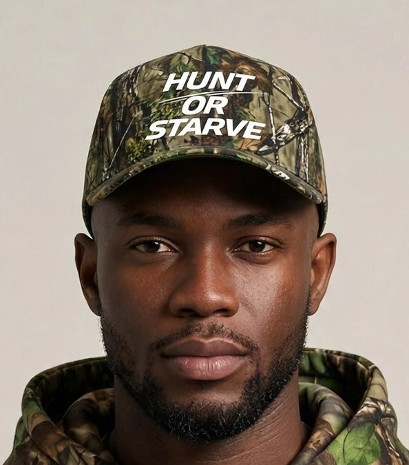 Chris wearing the PRYNCE Hunt Or Starve Forest Camo Snapback Hat with white italic HUNT OR STARVE logo, with the matching Forest Camo Hoodie