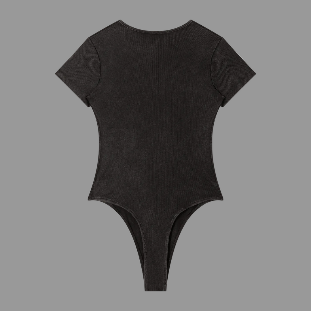 A black short-sleeve bodysuit shown from the back, photographed flat against a solid white background.