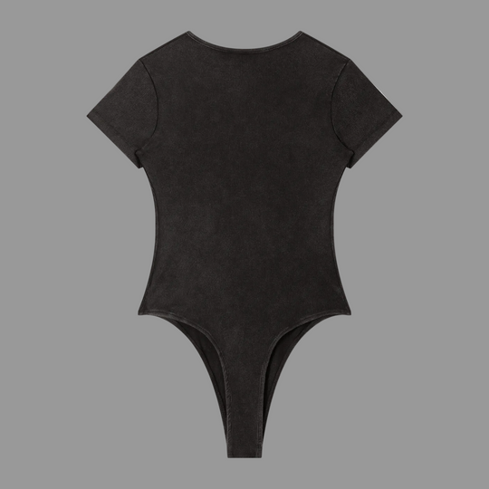 A black short-sleeve bodysuit shown from the back, photographed flat against a solid white background.