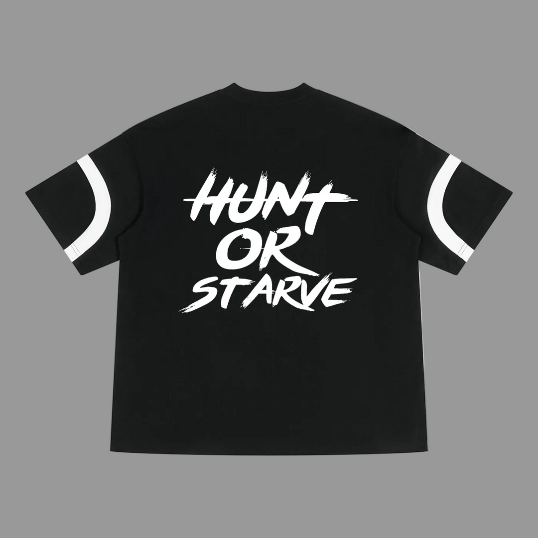 A black short-sleeve t-shirt with white graphic text reading &