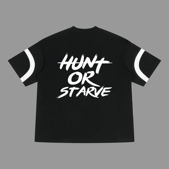 A black short-sleeve t-shirt with white graphic text reading &