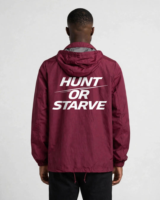 Hunt or Starve Hooded Windbreaker Jacket in burgundy, back view with large white HUNT OR STARVE print