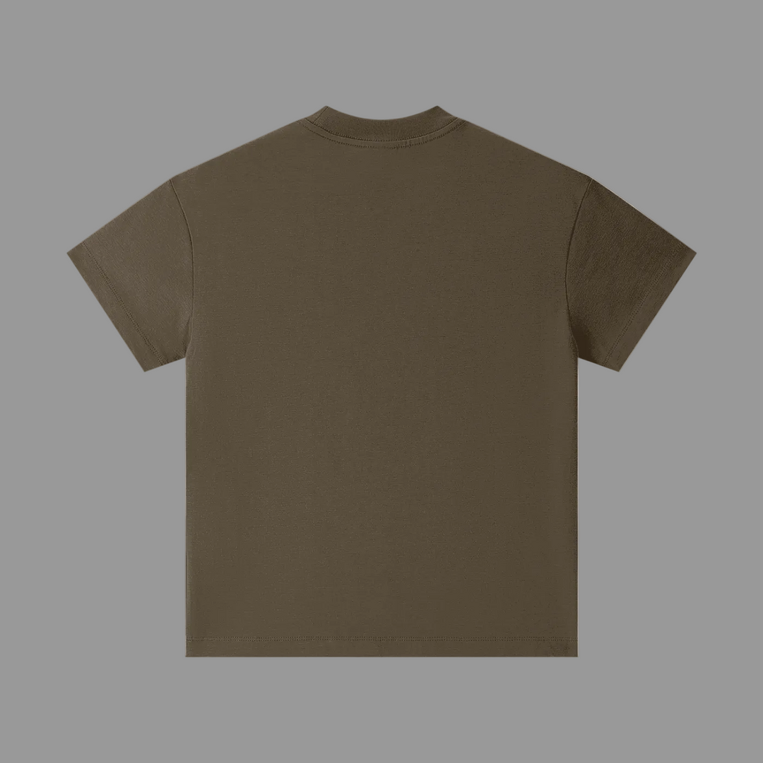 Brown t-shirt with a gold logo on the back against a grey background