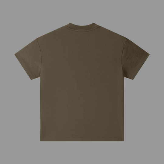 Brown t-shirt with a gold logo on the back against a grey background