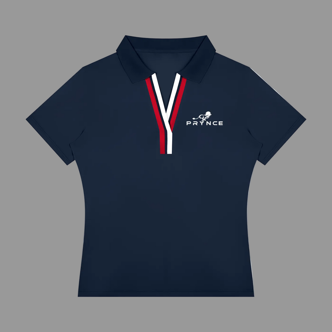 A navy blue short-sleeve polo shirt with a split collar and a V-neck placket featuring red, white, and navy stripes. The left chest has a white printed logo with the word &