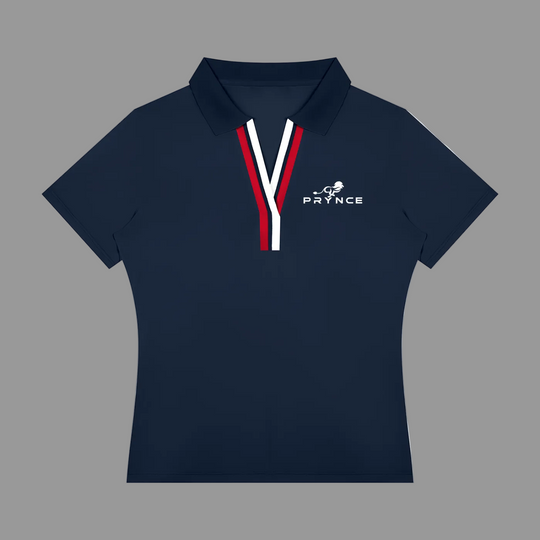 A navy blue short-sleeve polo shirt with a split collar and a V-neck placket featuring red, white, and navy stripes. The left chest has a white printed logo with the word &