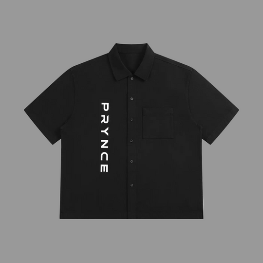 A black short-sleeve button-up shirt with a vertical white &