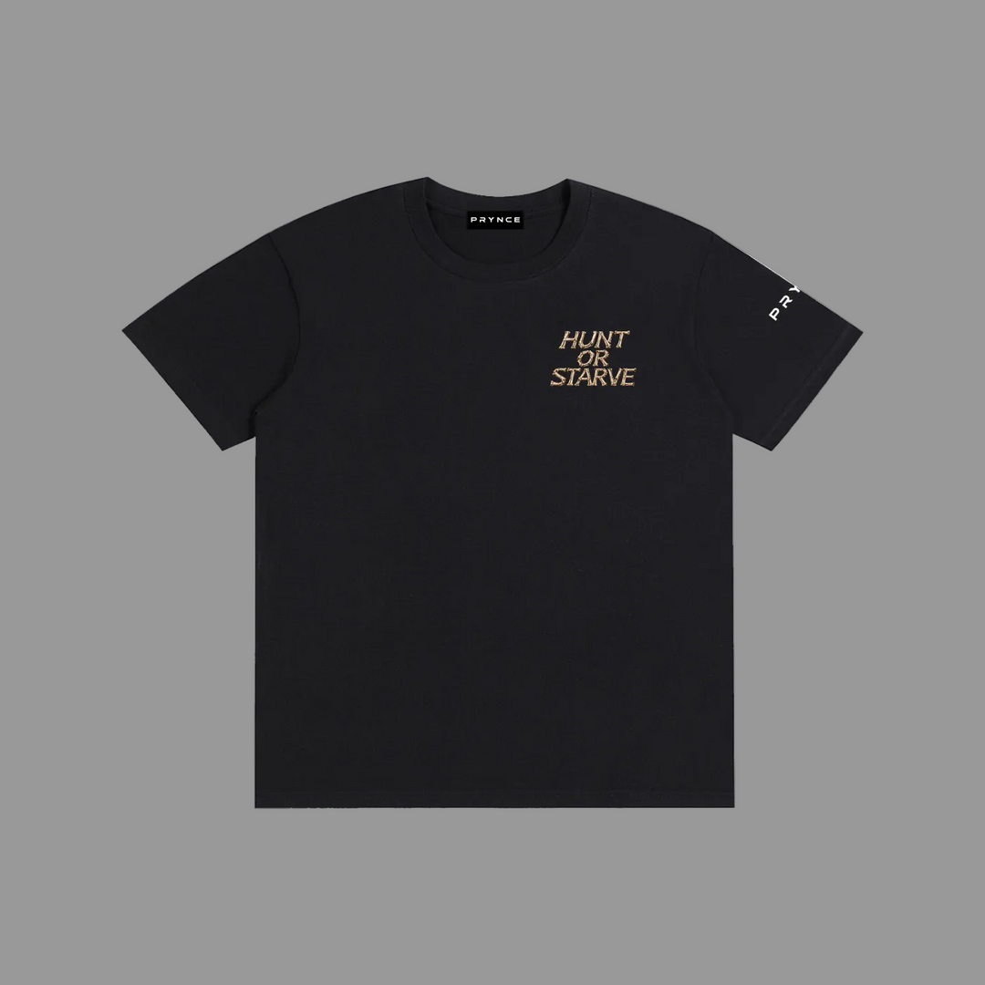 A black short-sleeve crewneck t-shirt with &