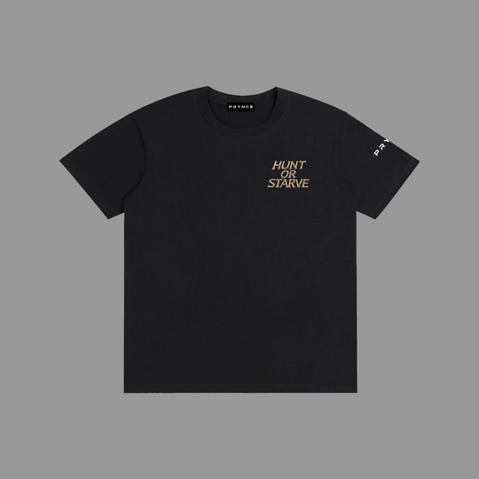 A black short-sleeve crewneck t-shirt with &