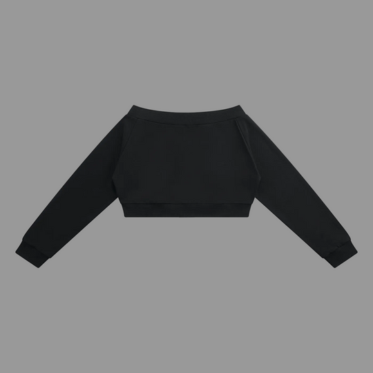 A black long-sleeve cropped sweatshirt with an off-the-shoulder design, displayed flat against a solid white background.