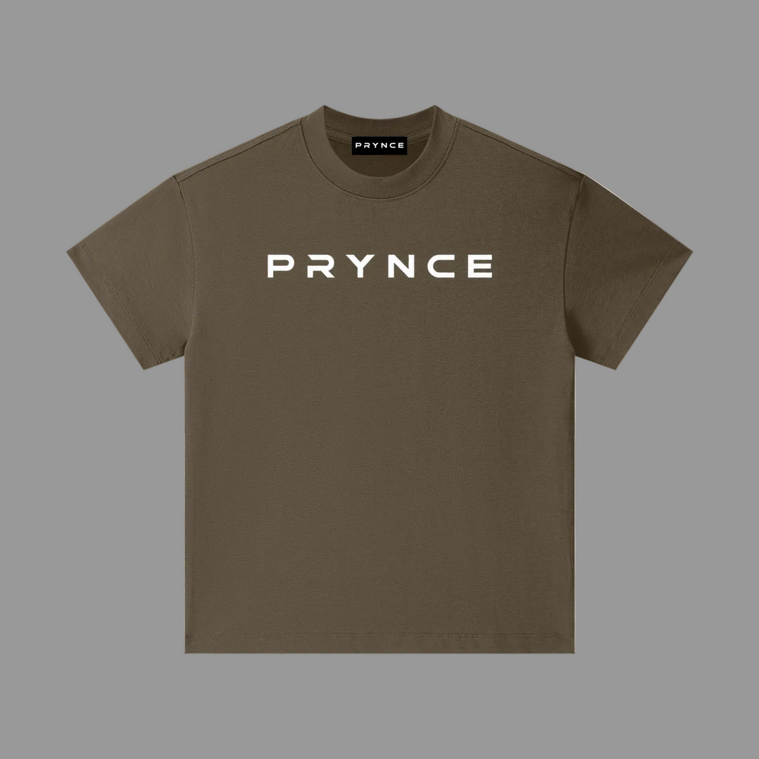 Black t-shirt with a brand logo on a grey background