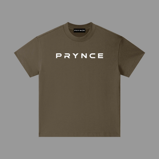 Black t-shirt with a brand logo on a grey background
