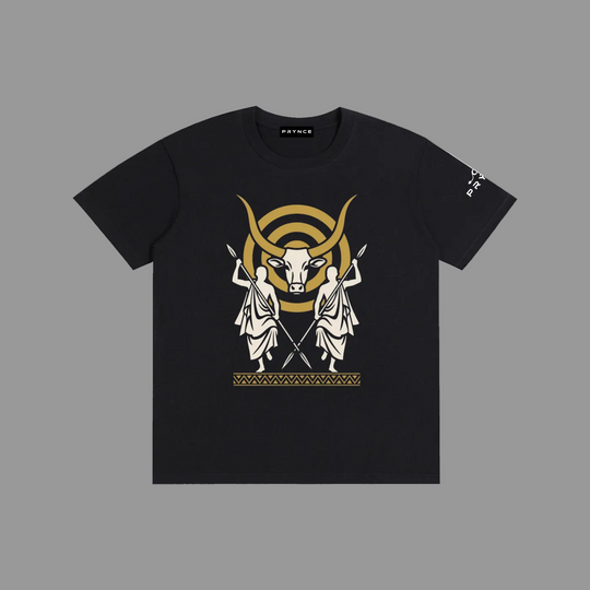 A black short-sleeve t-shirt with a graphic print on the front featuring a gold bull head and two white classical figures, with a small white logo on the left sleeve, displayed on a solid grey background.
