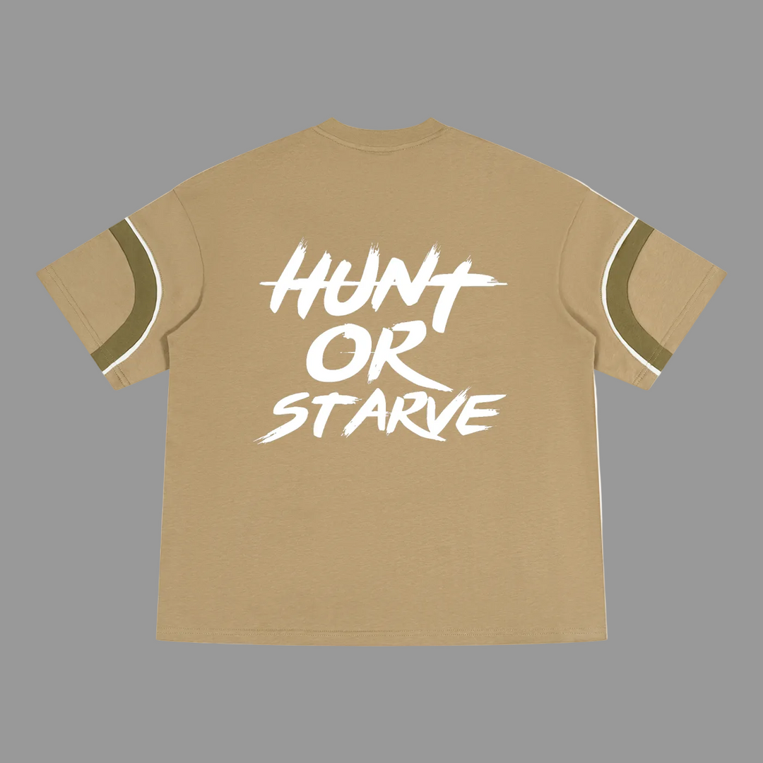A tan short-sleeve t-shirt with a white graphic text print reading &