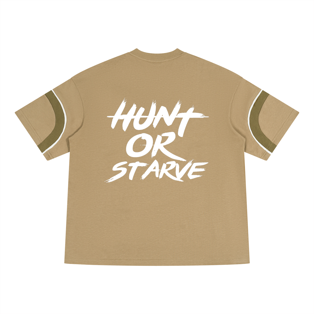 A tan short-sleeve t-shirt with a white graphic text print reading &