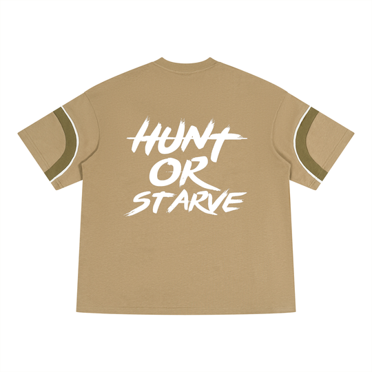 A tan short-sleeve t-shirt with a white graphic text print reading &