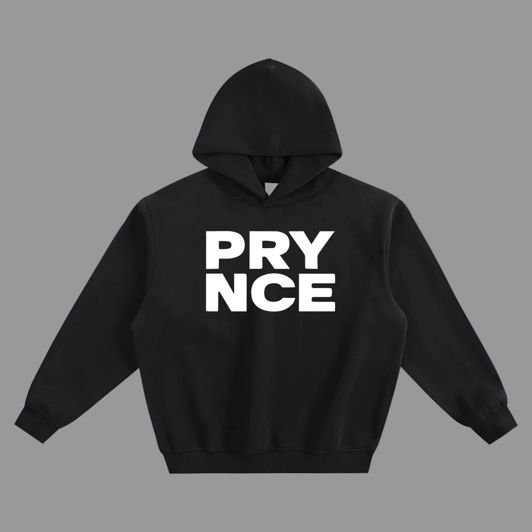 A black pullover hoodie with the word &