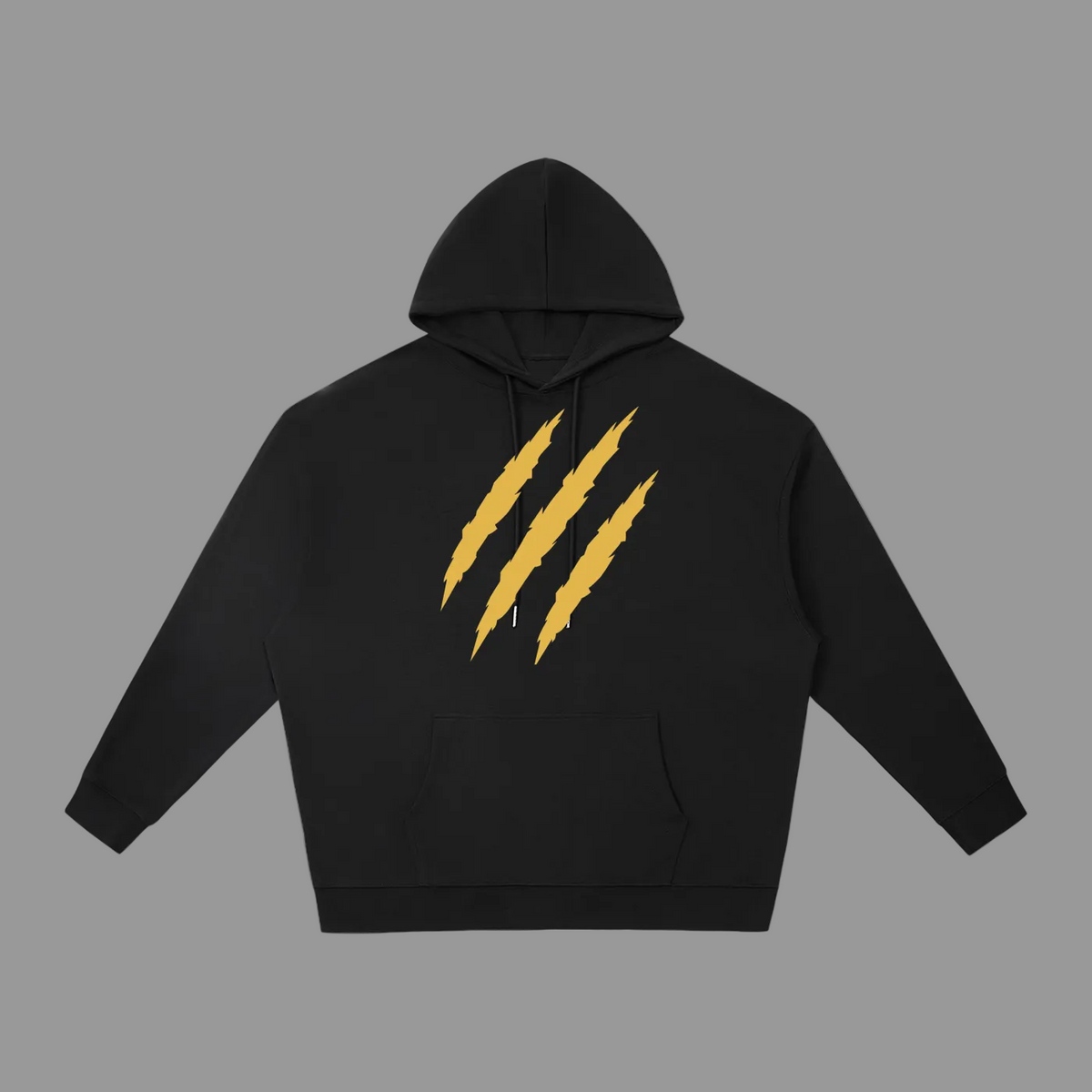 A black pullover hoodie with a graphic of four yellow claw marks on the chest, displayed against a solid white background.