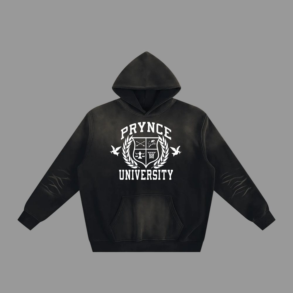 A black pullover hoodie with a white distressed graphic on the chest reading 'PRYNCE UNIVERSITY' with a crest and laurel branches, shown on a plain white background.
