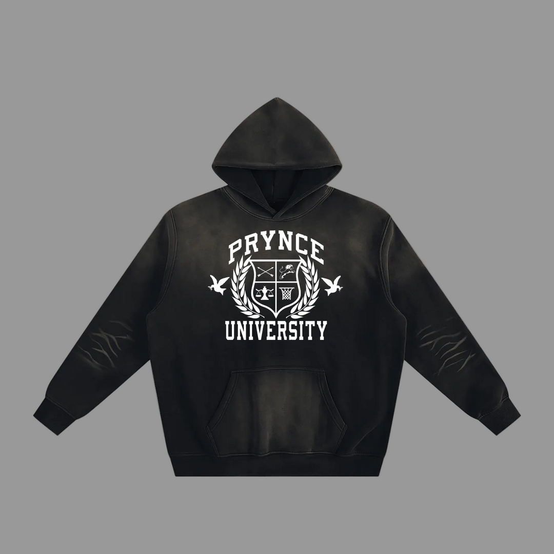 A black pullover hoodie with a white distressed graphic on the chest reading &