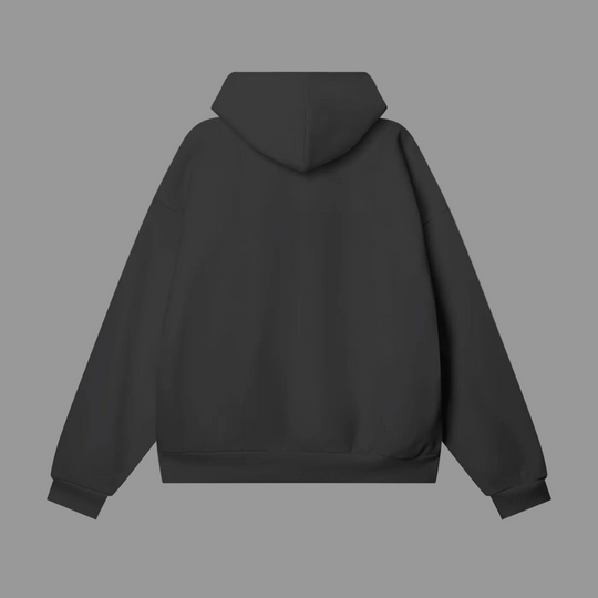 Black hoodie shown from the back on a white background