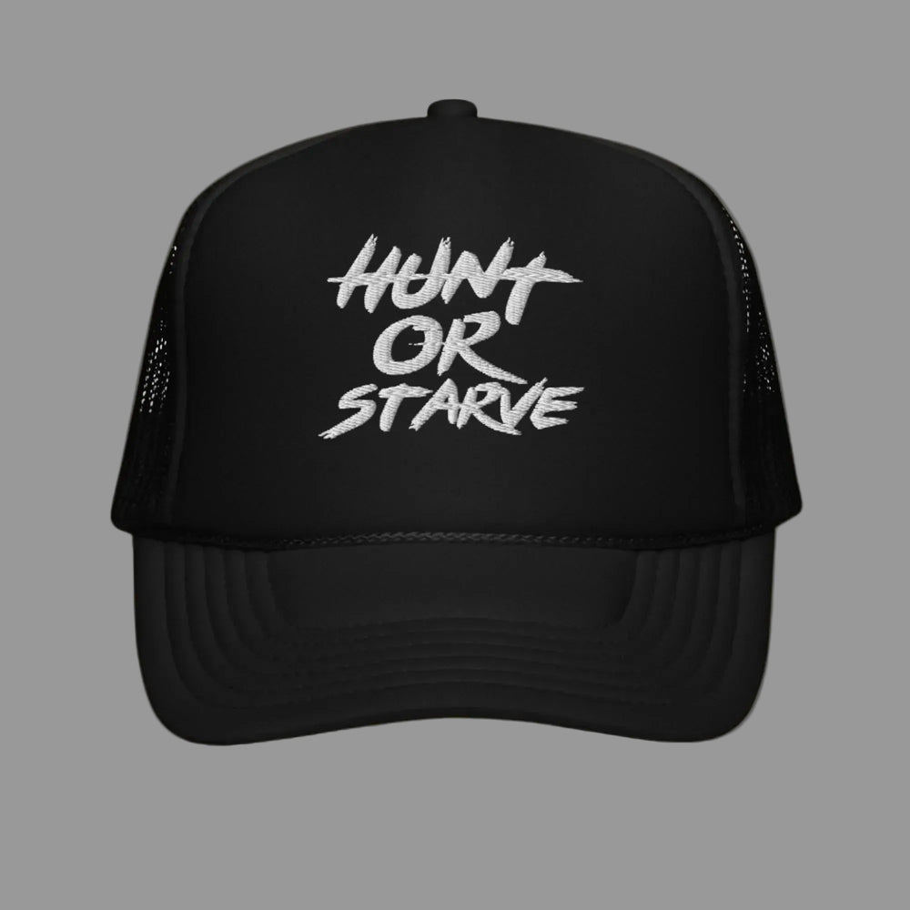 Black trucker cap with 'Hunt or Starve' text on a white background