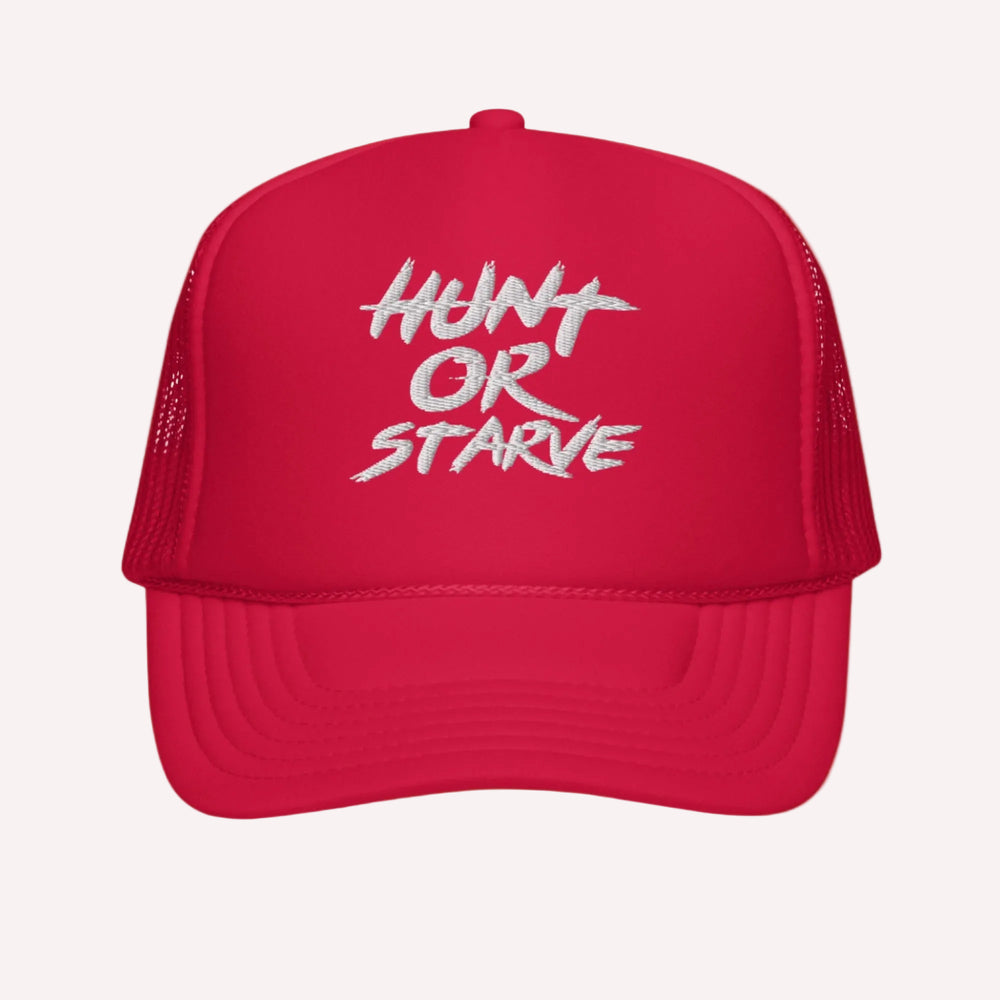 Red cap with 'Hunt or Starve' text on a white background