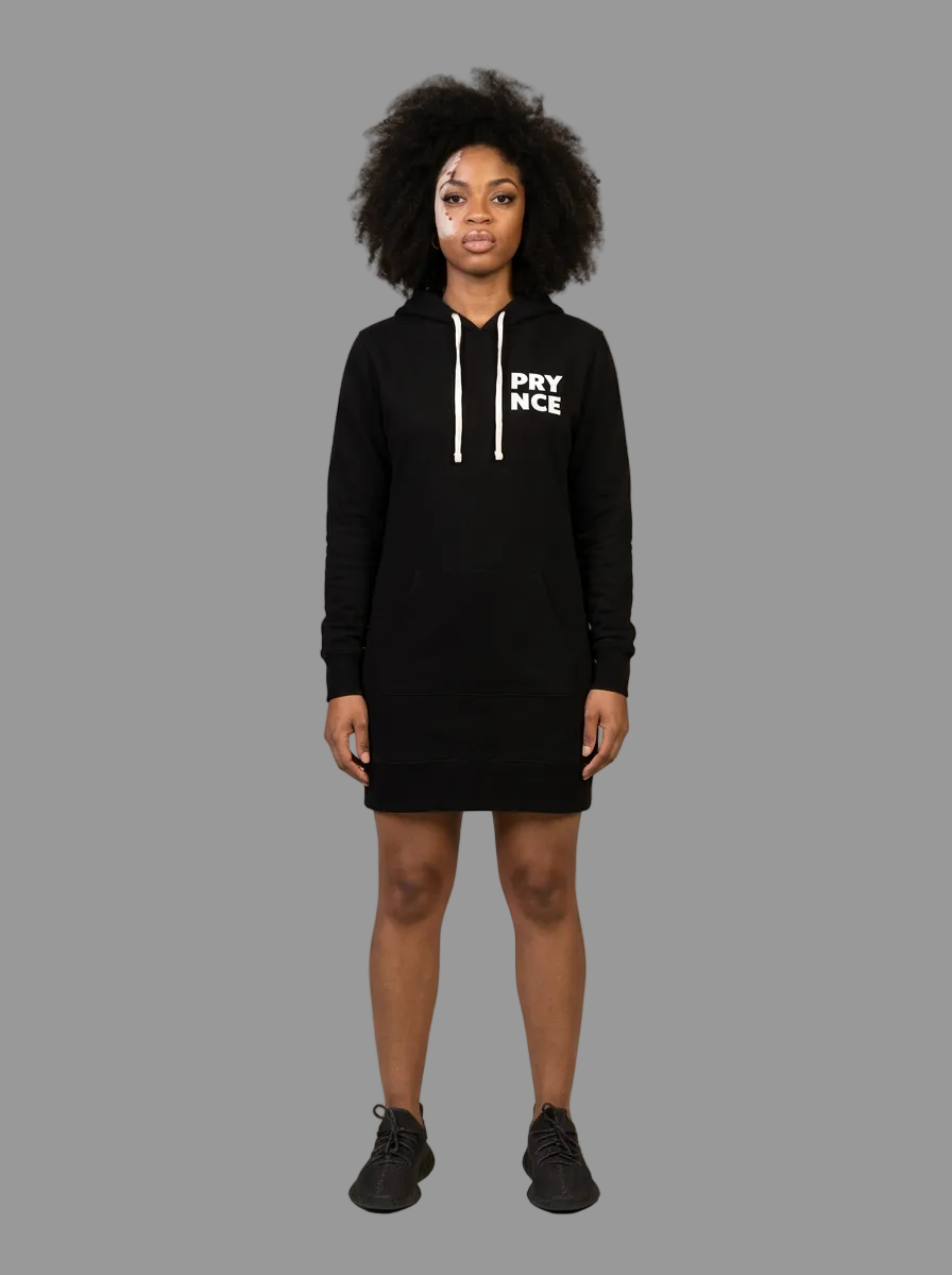 Model wearing the Prynce Hooded Pullover Dress, studio catalog photo