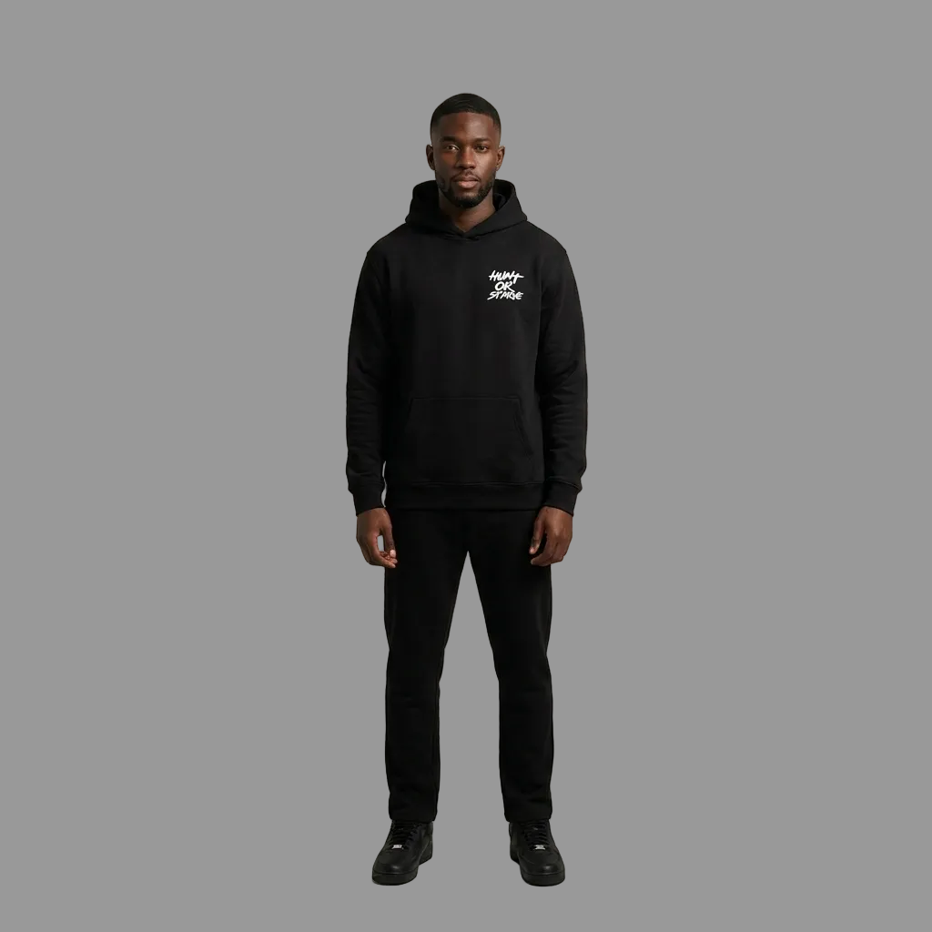 Model wearing the Hunt or Starve Hoodie in black, PRYNCE studio catalog tile