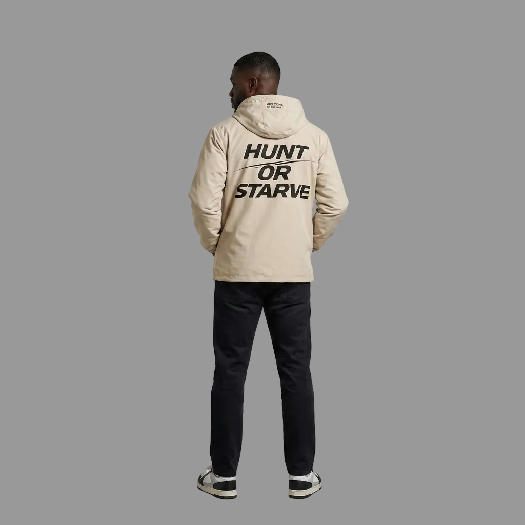 Model wearing the PRYNCE Hunt or Starve Coaches Jacket showing the back print, PRYNCE studio catalog tile