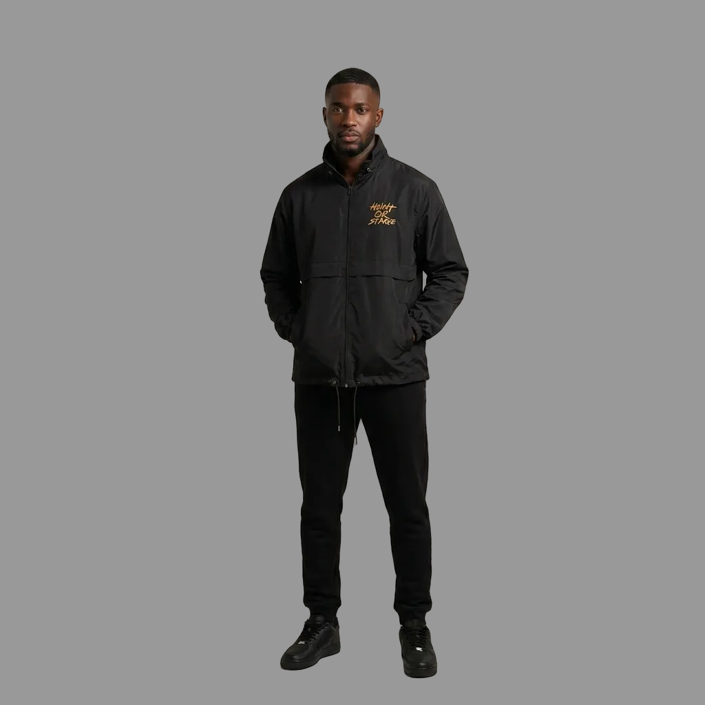 Model wearing the Hunt or Starve Windbreaker in black, PRYNCE studio catalog tile