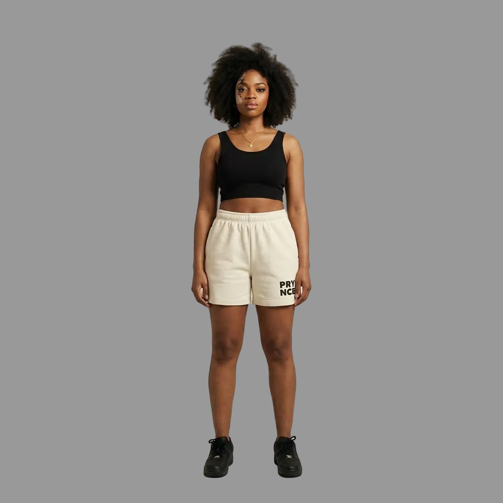 Model wearing Prynce Women's Heavyweight Shorts with a black crop top, PRYNCE studio catalog tile