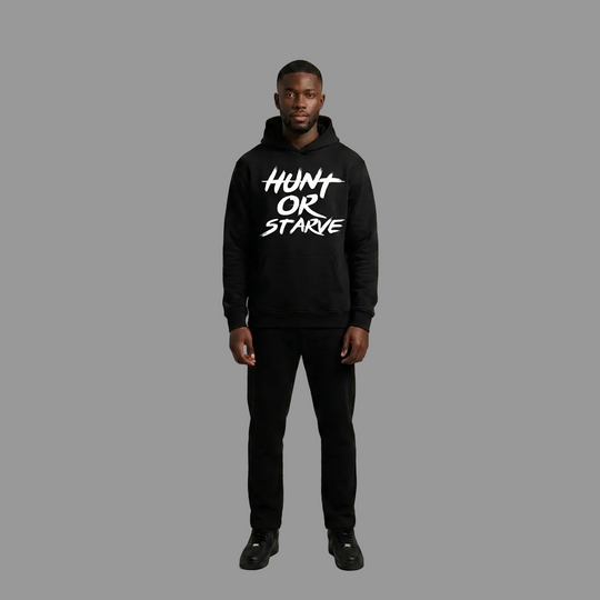 Model wearing the Hunt or Starve Oversized Fleece Hoodie, PRYNCE studio catalog tile