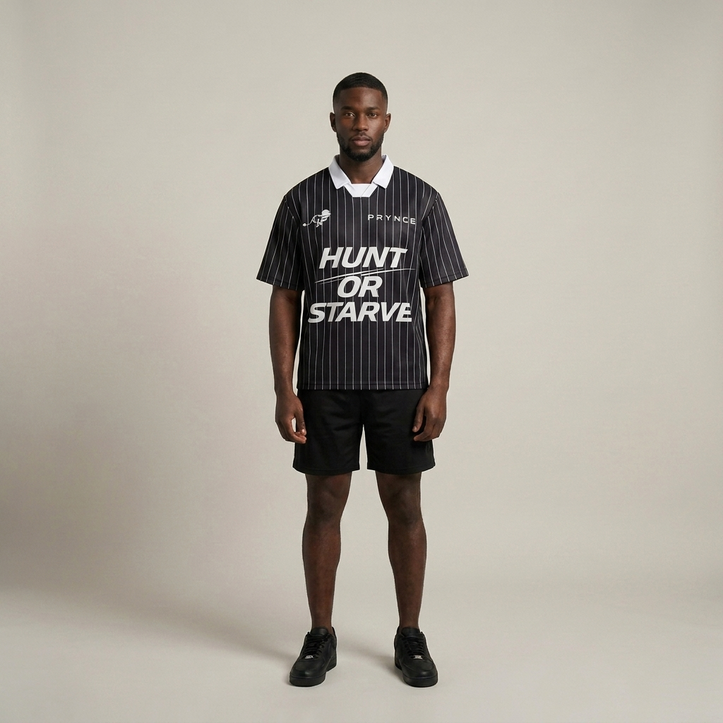Model wearing the Hunt or Starve Pinstripe Kit Jersey, PRYNCE studio catalog tile