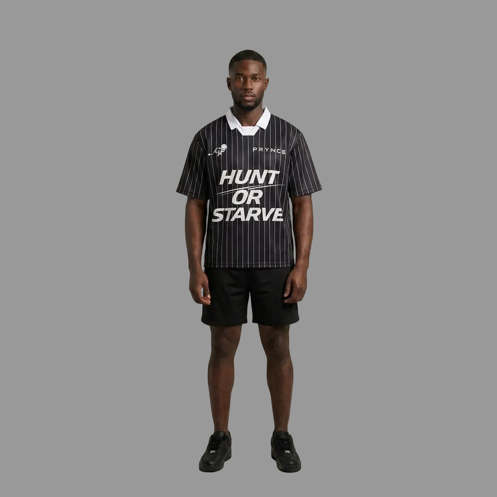 Model wearing the Hunt or Starve Pinstripe Kit Jersey, PRYNCE studio catalog tile