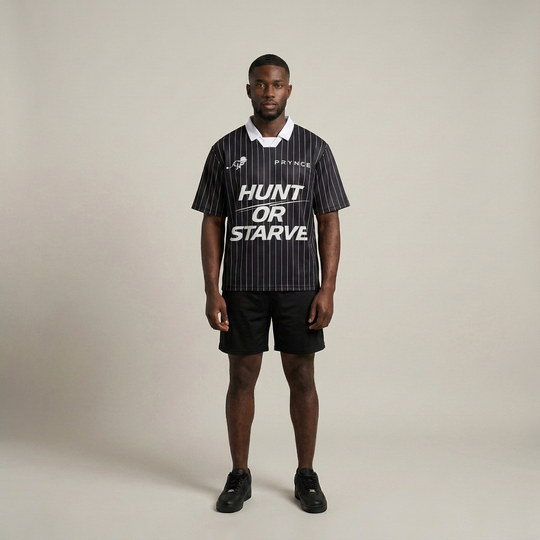 Model wearing the Hunt or Starve Pinstripe Kit Jersey, PRYNCE studio catalog tile
