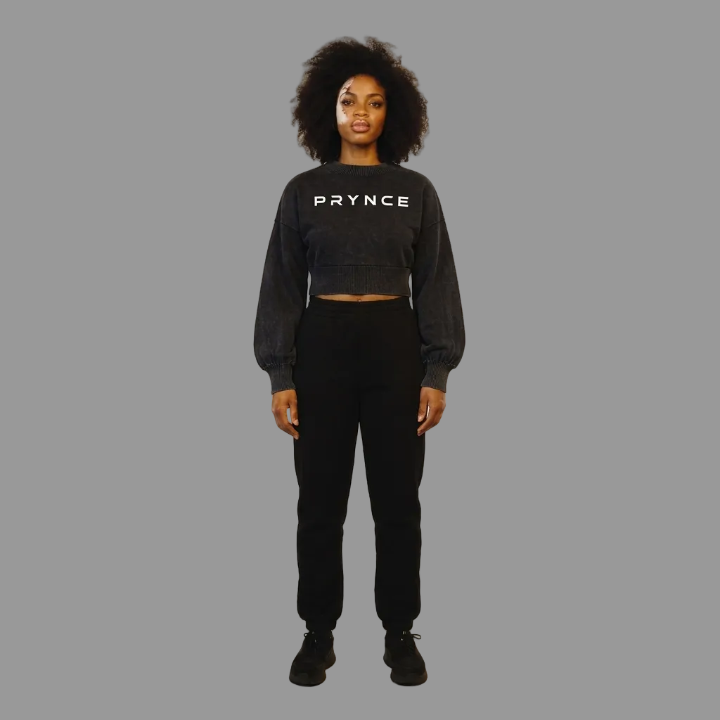 A model stands against a plain light beige studio background wearing a dark charcoal gray cropped sweatshirt with 'PRYNCE' printed in white across the chest, paired with black sweatpants and black sneakers.