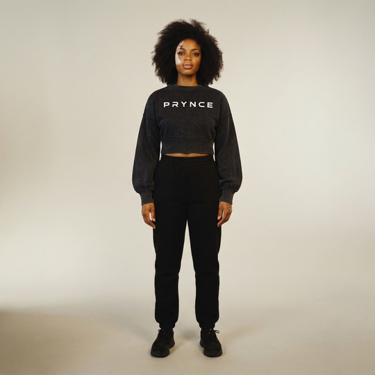 Model wearing the PRYNCE Mineral Wash Balloon Sweater, PRYNCE studio catalog tile